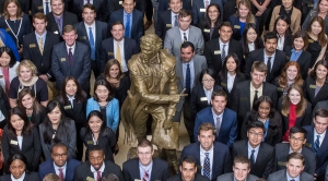 Large group photo of William and Mary Students in the Miller Hall atrium