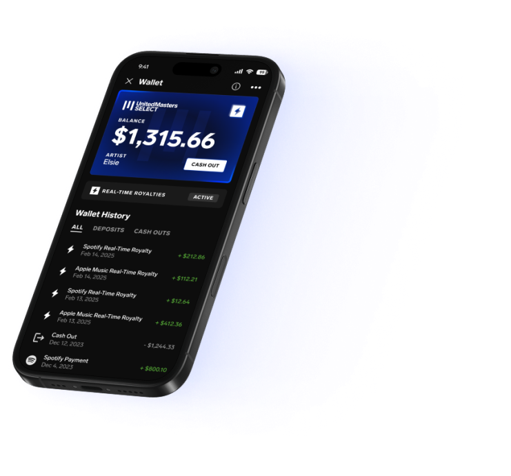 UnitedMasters Real-Time Royalties wallet on a mobile device