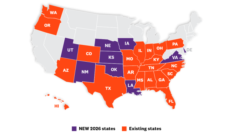Illustrated map of the United States that highlights new states that will be