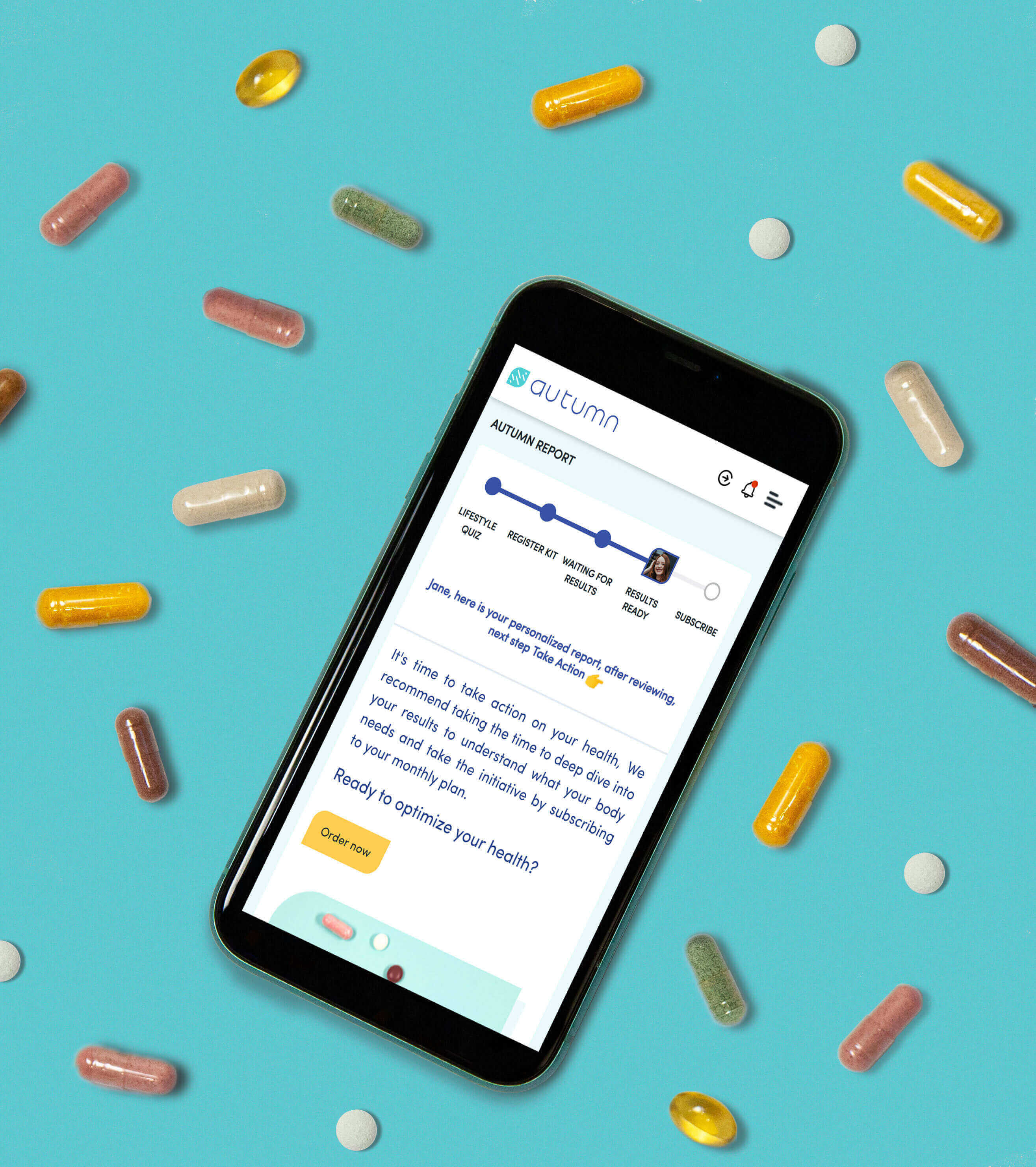 Hand holding phone with Autumn DNA personalized nutrition report