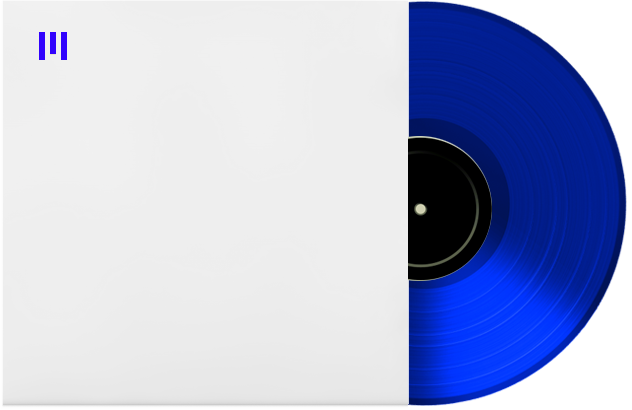 A sapphire colored vinyl record with a minimalist white sleeve and a dark blue Unitedmasters Brand mark