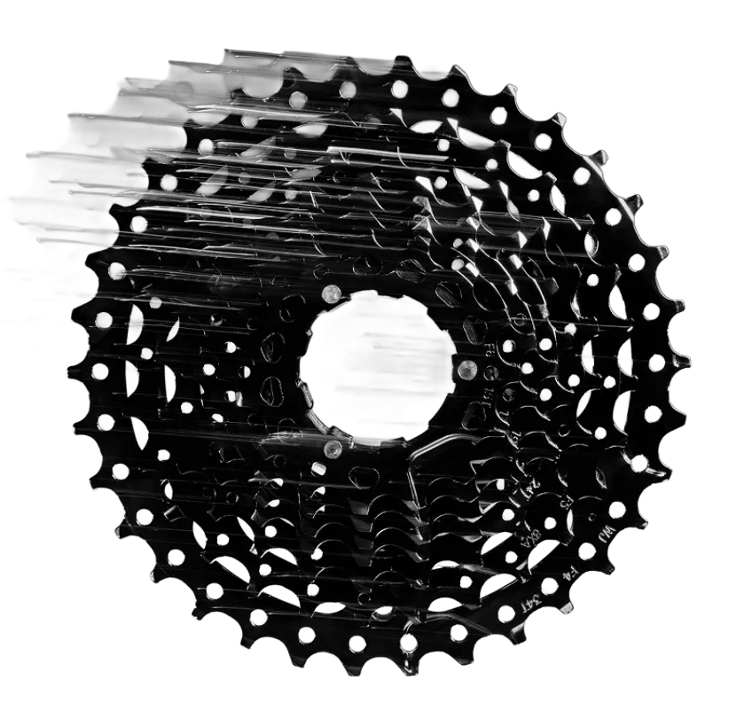 Image of a bicycle cassette, a circular cluster of multiple toothed sprockets used in the rear drivetrain of a bicycle for gear shifting.