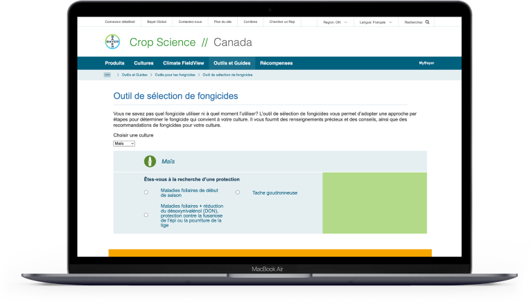Un ordinateur portable affichant l'outil de sélection de fongicides offert sur le site Web de Bayer.