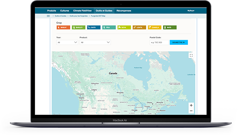Un ordinateur portable affichant le site Web de Bayer. On y aperçoit une carte de l’Amérique du Nord avec des points représentant les essais de fongicides.