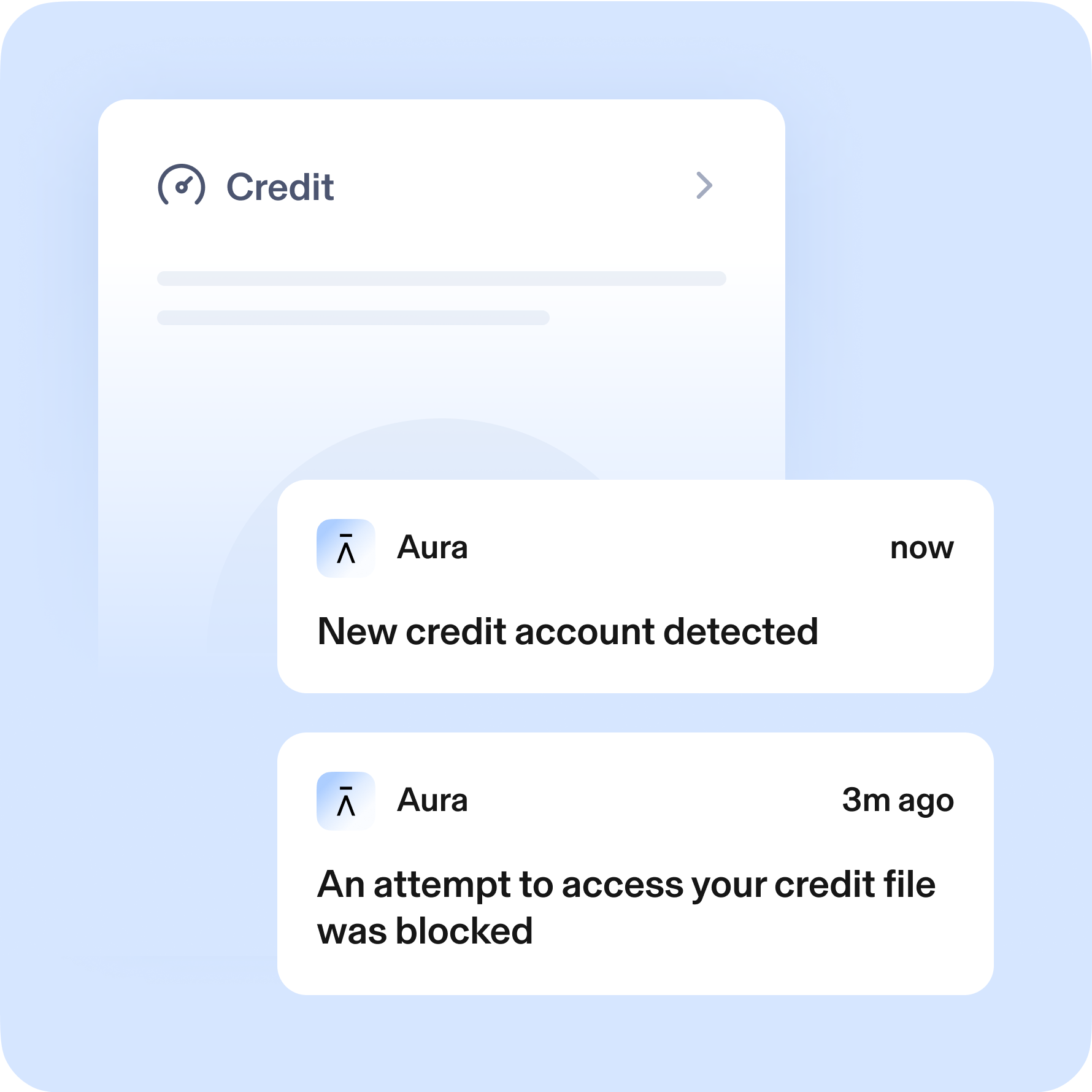 Aura Credit Lock UI displaying 2 alerts stating New credit account detected and An attempt to access your credit file was blocked.