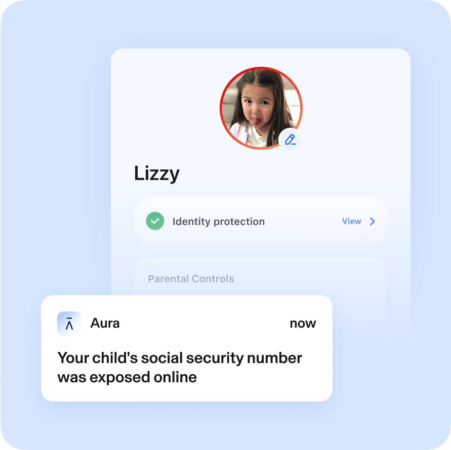 Aura Identity Protection Alert for child profile: your childs social security number was exposed online.