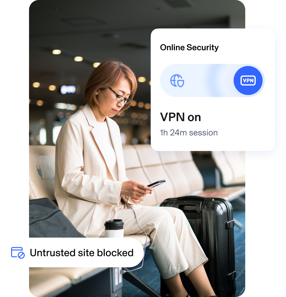 Woman at the airport browsing public WiFi safely with Aura VPN.