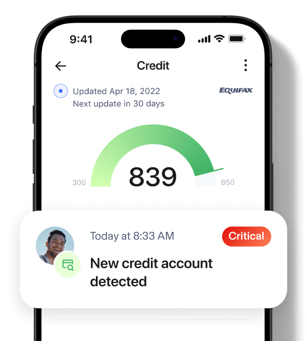 Aura app screenshot showing Credit alert updated on Apr 18, 2022. Next update in 30 days. Today at 8:33 AM a Critical alert of a new credit account detected.