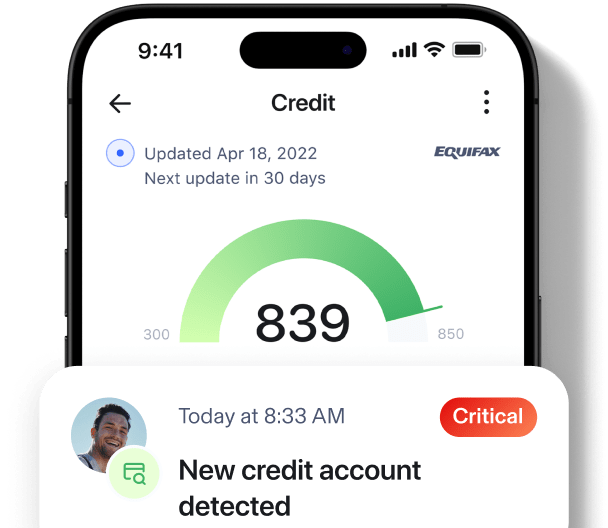Aura app screenshot showing Credit alert updated on Apr 18, 2022. Next update in 30 days. Today at 8:33 AM a Critical alert of a new credit account detected.