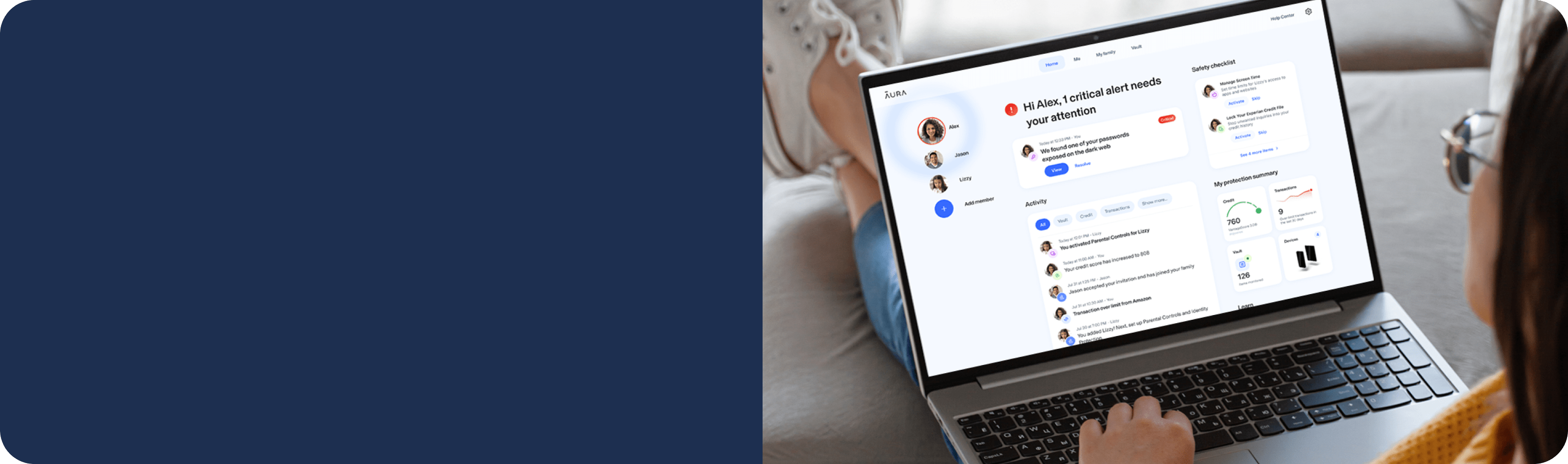 Laptop showing Aura App saying Hi Alex, 1 critical alert needs your attention