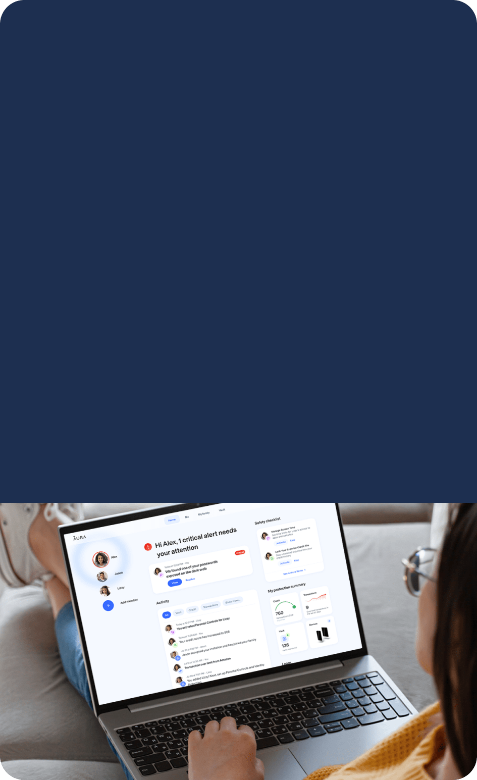 Laptop showing Aura App saying Hi Alex, 1 critical alert needs your attention