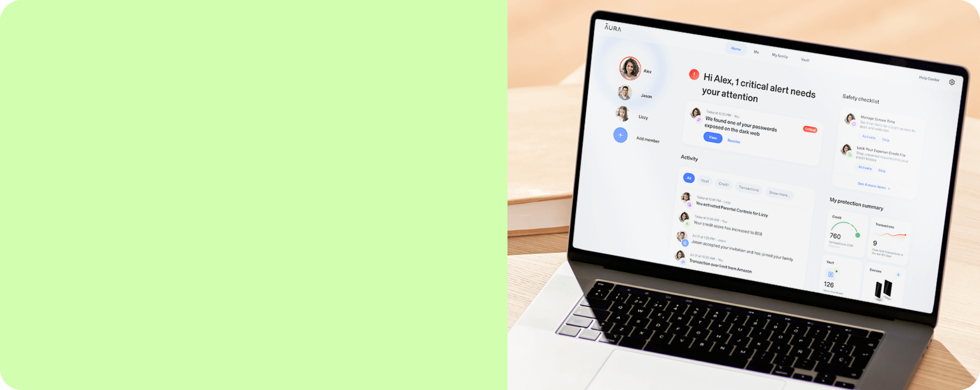 Aura Dashboard on a desktop device background graphic