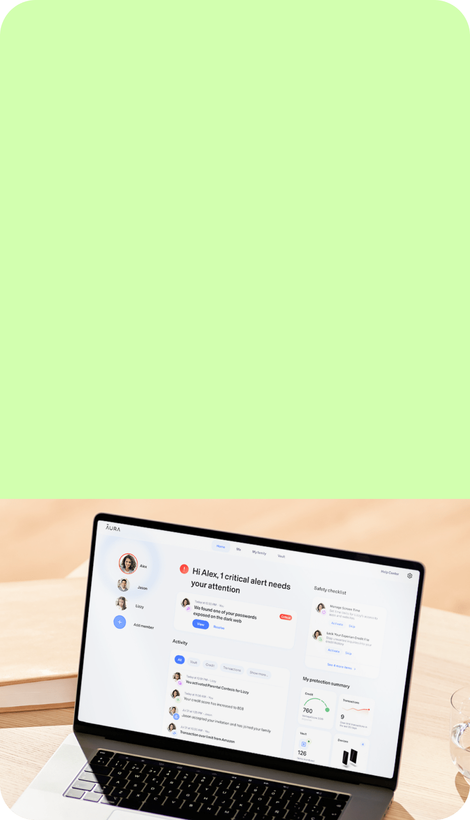 Aura Dashboard on a desktop device background graphic