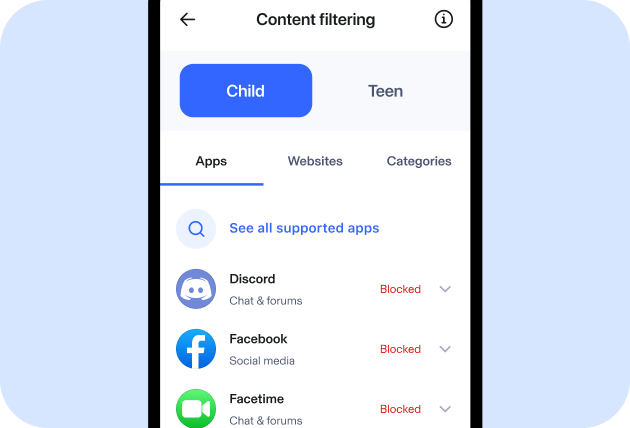 Aura mobile user interface for content filtering displaying a toggle between child and teen, with ability to filters by apps, websites, or categories. Screen shows Discord, Facebook, FaceTime, and Instagram are blocked.