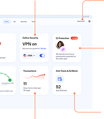 Aura Dashboard on a Desktop view showing Parental Controls, Identity Protection, Ad Block, & more proactive protection.