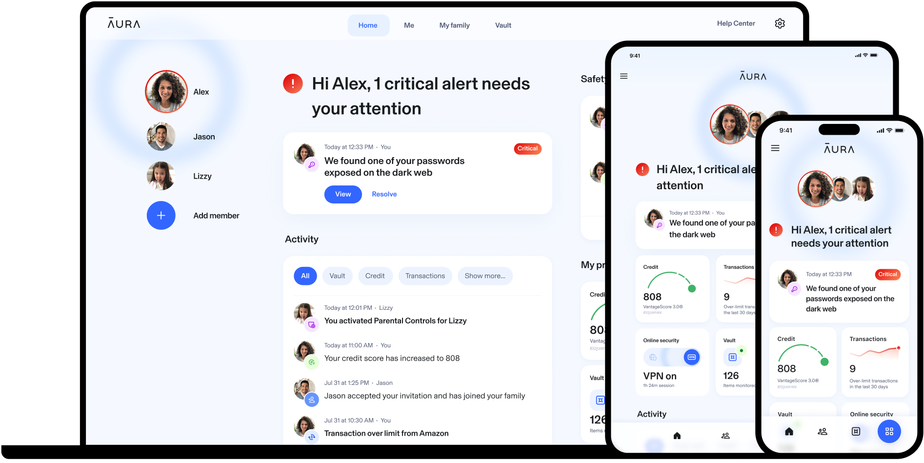 Aura Dashboard on a Desktop, Tablet, and Phone.