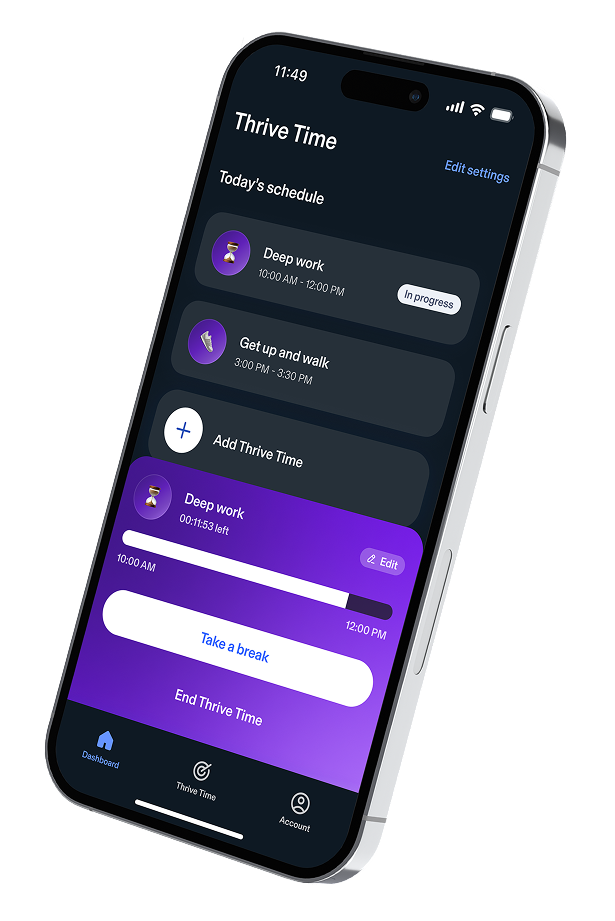 Phone at an angle showing the Thrive Time feature and schedule in app