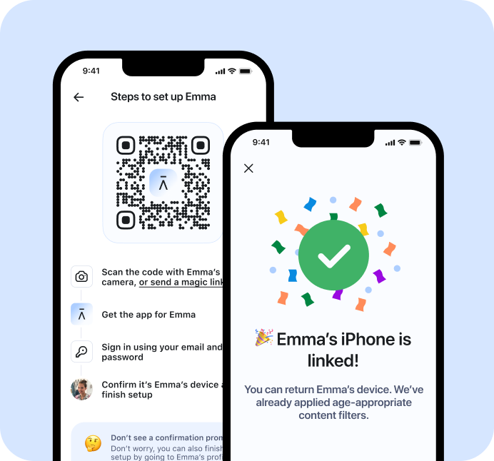 Two Aura mobile user interfaces. Left one displaying Steps to set up Emma with QR code instructing Emma to scan and download the app, sign in, and confirm device. Right mobile user interface shows Emmas iPhone is linked!