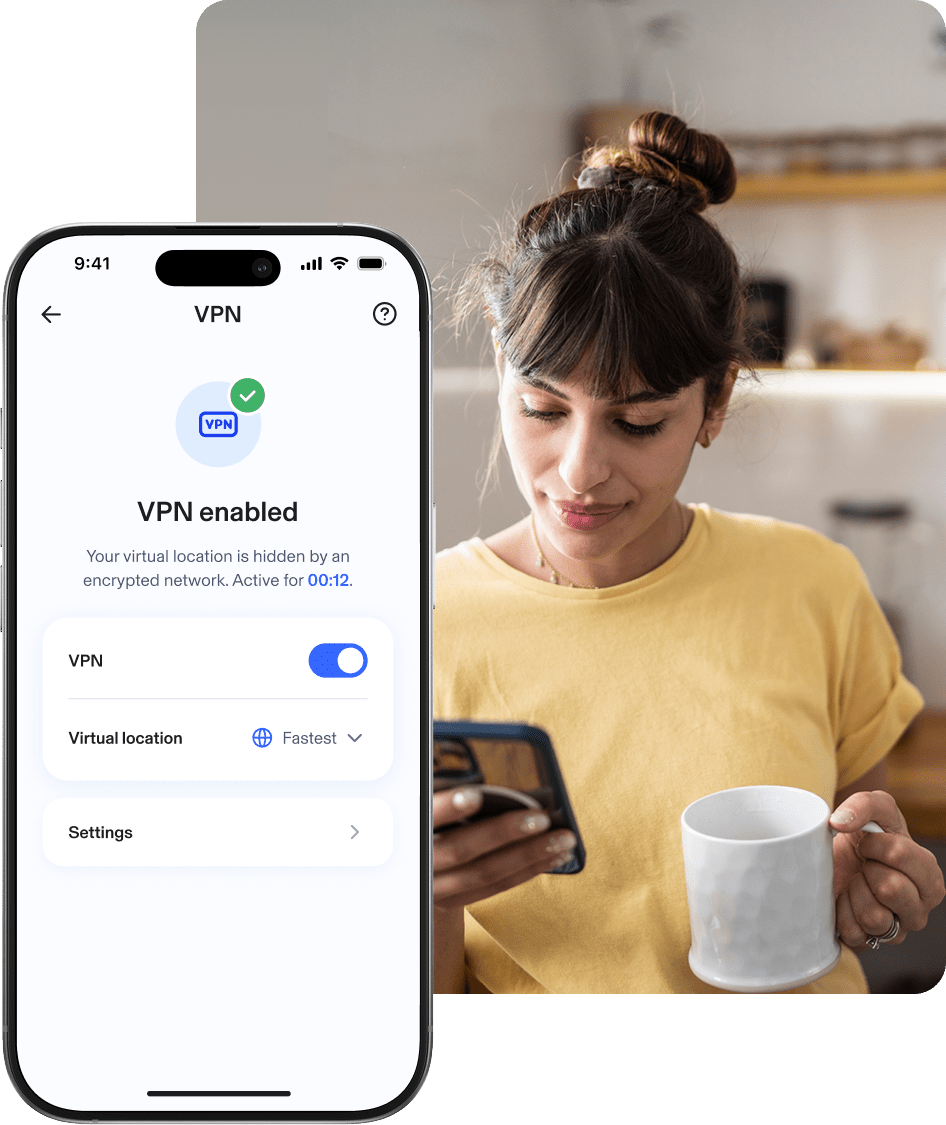 Woman holding mug and checking phone. Aura app screenshot overlay showing VPN enabled. Your virtual location is hidden by an encrypted network. Active for 00:12. Virtual location shows fastest. Settings button shown on bottom.