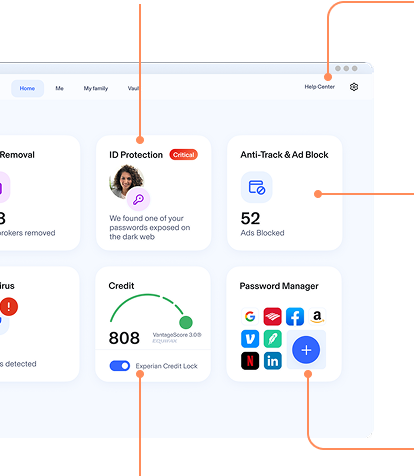 A overview of Aura's dashboard showing various features including: Data Removal from Data brokers and sites, Online security VPN & many more.