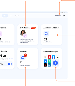 Aura Dashboard showing each feature. ID Protection, Password Manager, Anti-Track & Ad Blocker, Safe Browsing, Online Security, Antivirus