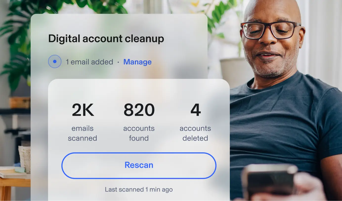 Man using phone and smiling. Aura app screenshots showing digital account cleanup with 1 email account added. Two thousand emails scanned, 820 accounts found, and 4 accounts deleted from a scan.