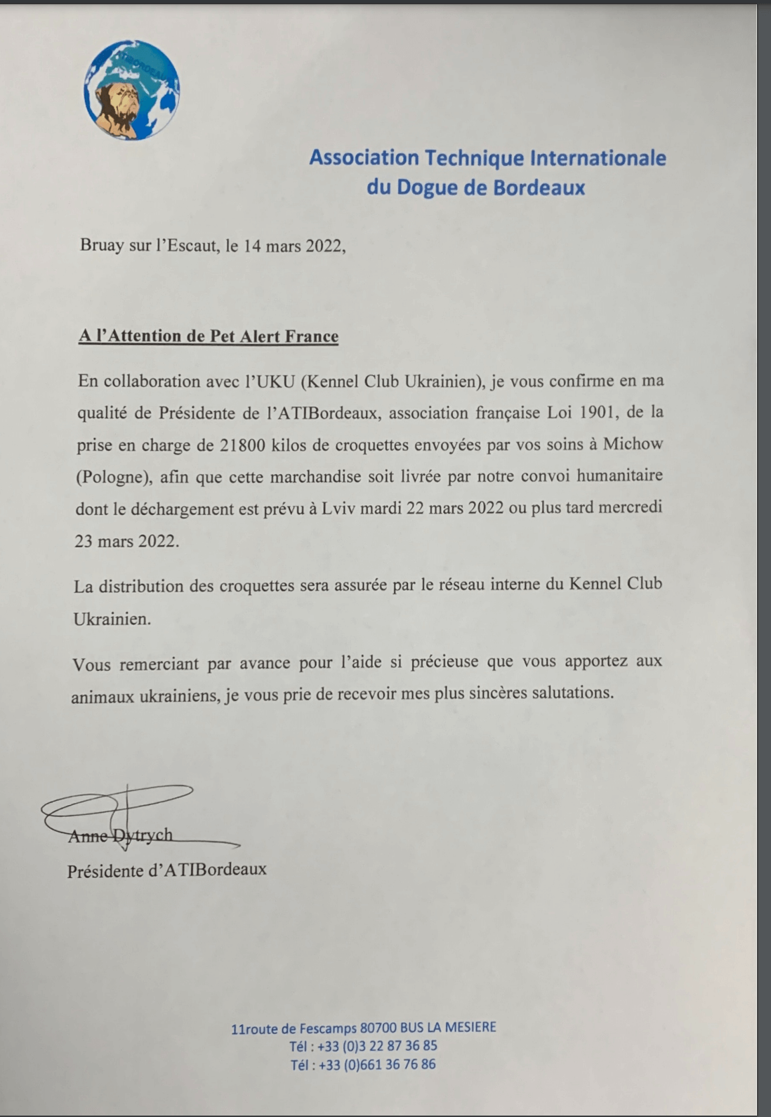 Lettre de remerciement Pet Alert pour don Ukraine de 22 tonnes de croquettes