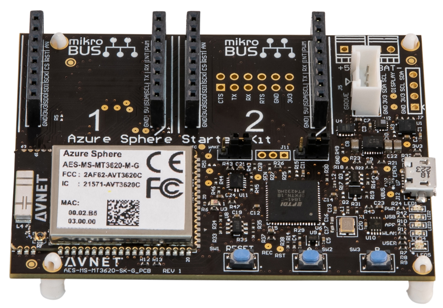 Top view of Avnet's Microsoft Azure Sphere board