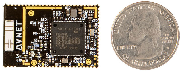 Azure Sphere module next to a quarter, which both are the same height.
