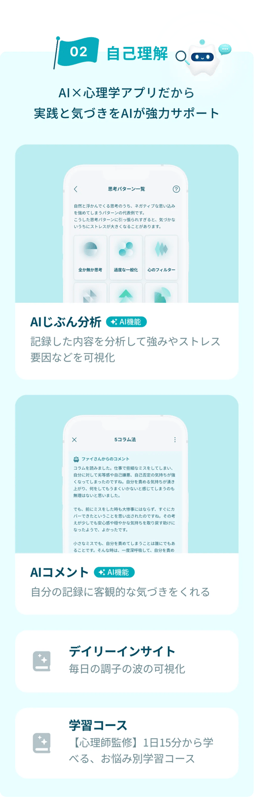 自己理解が進むアプリ機能の紹介。AI×心理学アプリだから実践と気づきをAIが強力サポート。AIじぶん分析：記録した内容を分析して強みやストレス要因などを可視化。AIコメント：自分の記録に客観的な気づきをくれる。デイリーインサイト：毎日の調子の波の可視化。学習コース：【心理師監修】1日15分から学べる、お悩み別の学習コース