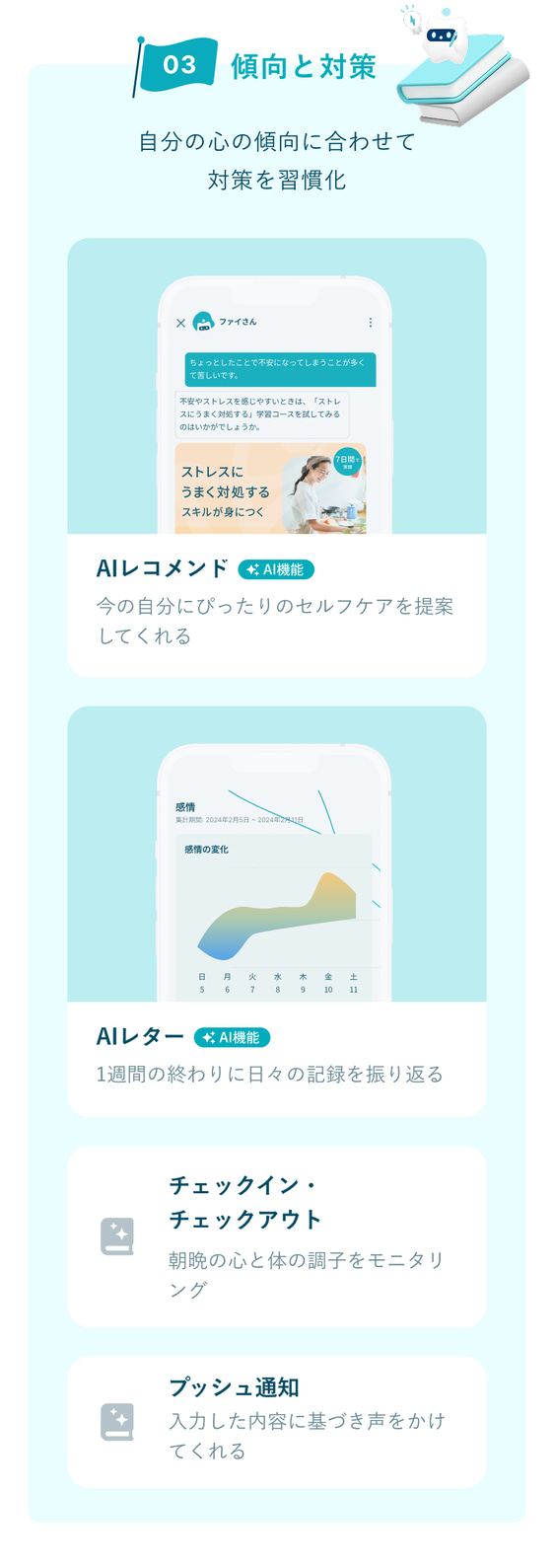 03 傾向と対策：AIレコメンド（今の自分にぴったりのセルフケアを提案）、AIレター（1週間の終わりに日々の記録を振り返る）、チェックイン・チェックアウト（朝晩の心と体の調子をモニタリング）、プッシュ通知（入力した内容に基づく声かけ）。