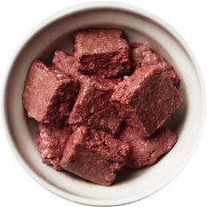 dog bowl of raw meat patties cut up
