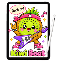 Tiny Bites, Big Dreams kawaii food coloring page featuring an adorable kiwi fruit character dressed as an astronaut