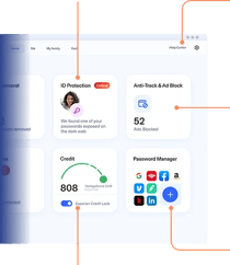 A overview of Aura's dashboard showing various features including: Data Removal from Data brokers and sites, Online security VPN & many more.