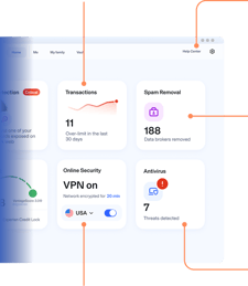 Aura Dashboard showing various features including: Identity Protection, Password Manager, 24/7 US-based Customer Support, Spam & Junk Mail Removal, & more.