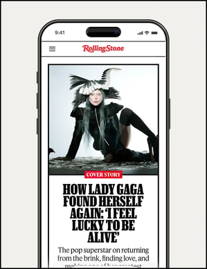 Lady Gaga featured in a dramatic fashion portrait on Rolling Stone mobile cover.