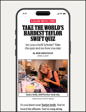 Taylor Swift 2009 photo displayed in Rolling Stone’s Taylor trivia quiz on mobile.