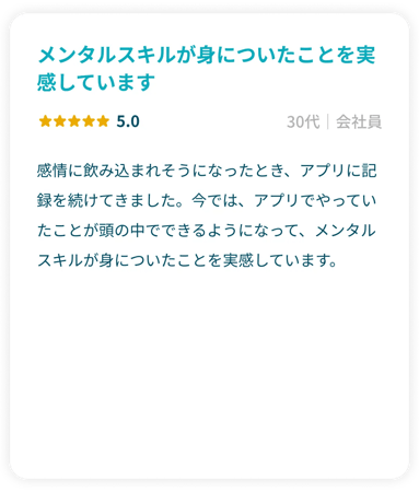 「メンタルスキルが身についたことを実感しています」星5.0 30代会社員 感情に飲み込まれそうになったとき、アプリに記録を続けてきました。今では、アプリでやっていたことが頭の中でできるようになって、メンタルスキルが身についたことを実感しています。