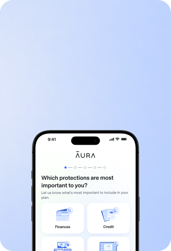 Background showing a mobile device with Aura's personalization quiz showing.