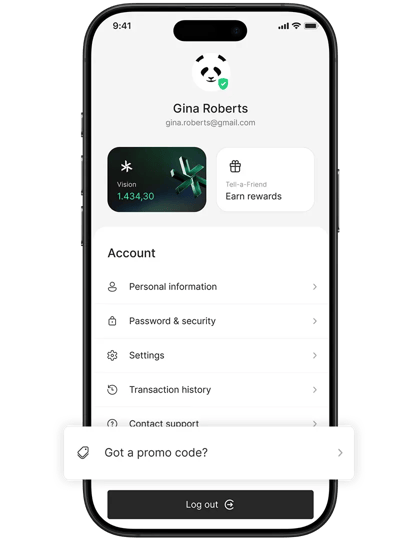 Bitpanda app account screen with the "Got a promo code?" option