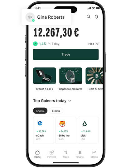 Bitpanda app home screen showing portfolio balance and top gainers