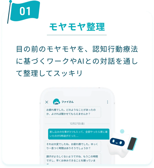 ①モヤモヤ整理：目の前のモヤモヤを、認知行動療法に基づくワークやAIとの対話を通して整理してスッキリ