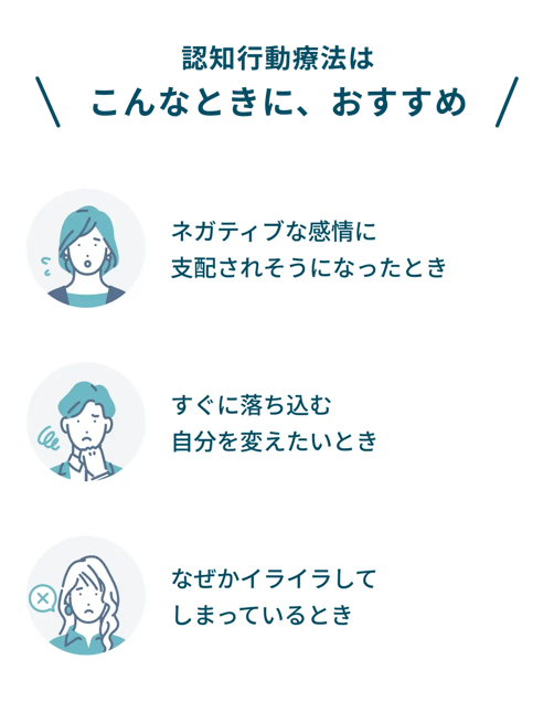 認知行動療法はこんな時におすすめ：ネガティブな感情に支配されそうになった時、すぐに落ち込む自分を変えたい時、なぜかイライラしてしまっている時