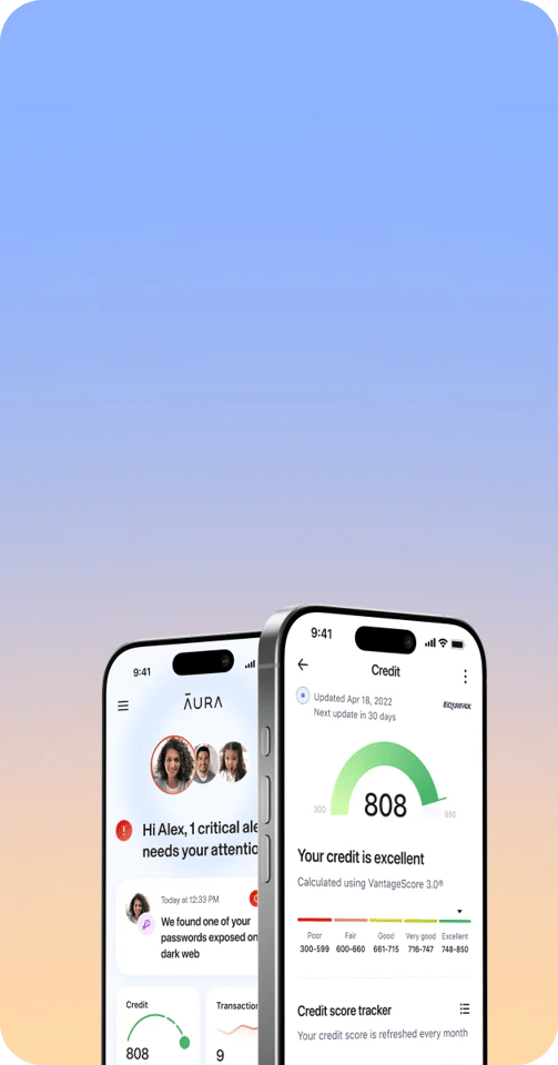 Two phones showing Aura screen shots. One for critical alerts and the other showing an excellent credit report.