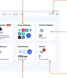 Aura Dashboard showing various features including: Identity Protection, Password Manager, 24/7 US-based Customer Support, Spam & Junk Mail Removal, & more.