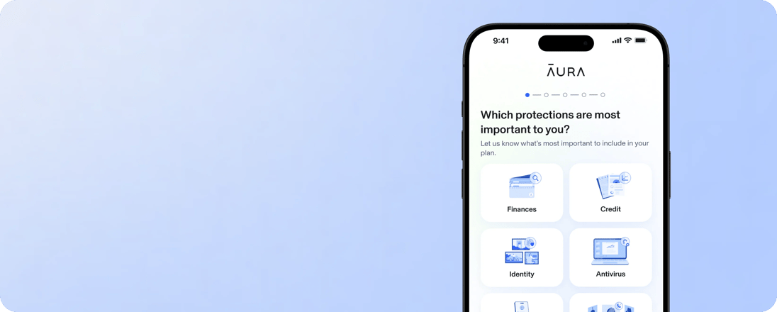 Background showing a mobile device with Aura's personalization quiz showing.