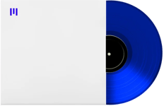 A sapphire colored vinyl record with a minimalist white sleeve and a dark blue Unitedmasters Brand mark 