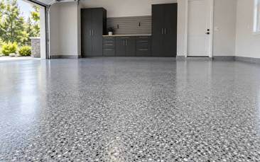 Illustration of a garage with a decorative flake floor coating