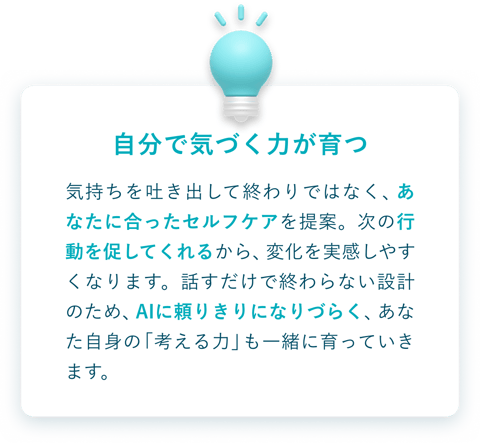 自分で気づく力が育つ。あなたに合ったセルフケアを提案し、次の行動を促します。AIに頼りきりになりづらく、自分自身の「考える力」も一緒に育っていきます。