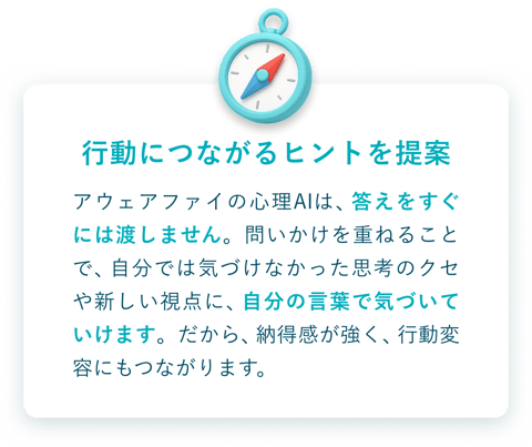 行動につながるヒントを提案。アウェアファイの心理AIは答えをすぐには渡さず、問いかけを重ねて、自分の言葉で気づけるようサポートします。納得感が強く、行動変容にもつながります。